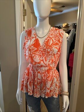white birch Orange & White Sleeveless Pleated Peplum Blouse
